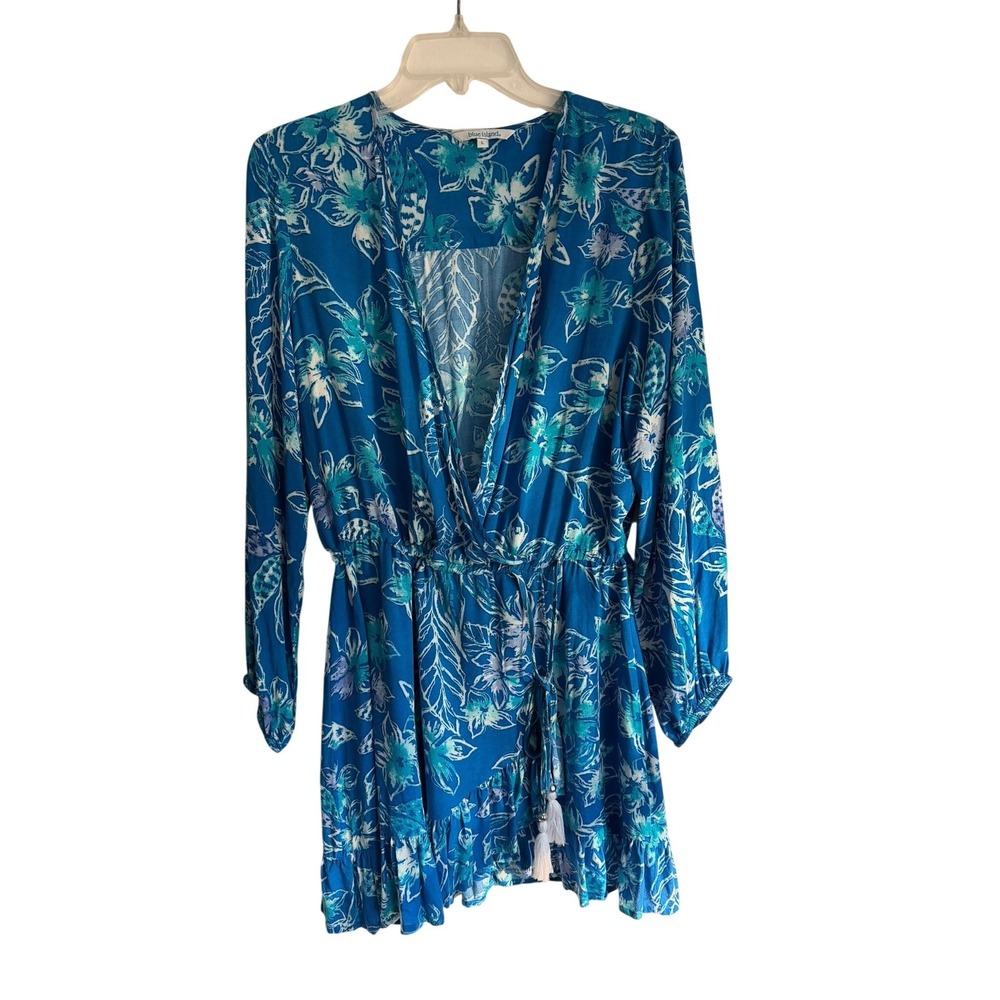 Blue Island Floral Mini Dress Blue Turquoise Tassel Tie Waist Long Sleeve L